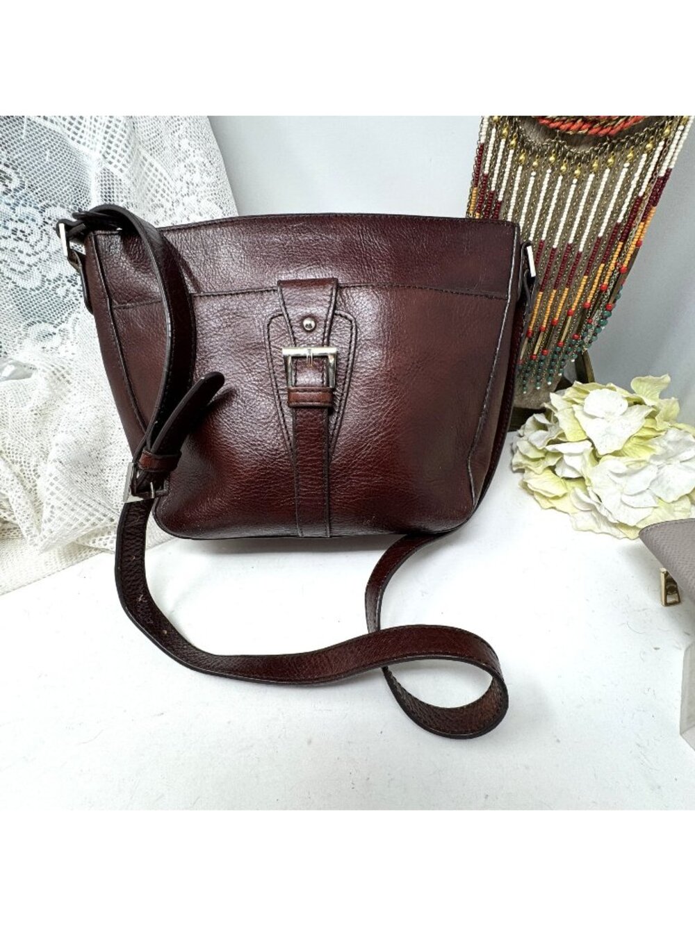 Etienne Aigner Brown Leather Crossbody Shoulder Bag With Buckle Accent
